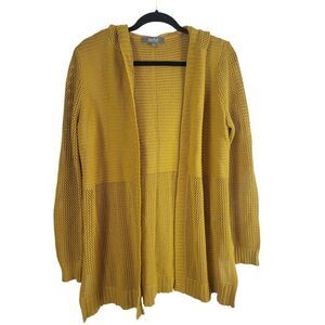 Marled Cardigan Sweater M Womens Mustard Yellow Long Sleeve Pull On Hooded Top‎